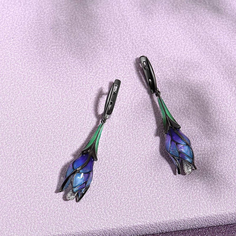Santuzza Tulip Earrings 925 Sterling Silver Enamel Floral Drop Earrings Purple Flower Dangle Earrings for Women (Latch Back) - Image 3